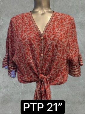💟 Max Studio Red Floral Tie-Front Blouse